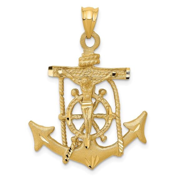 14k Yellow Gold Satin & Diamond-Cut Mariners Cross Pendant 25 x 36mm